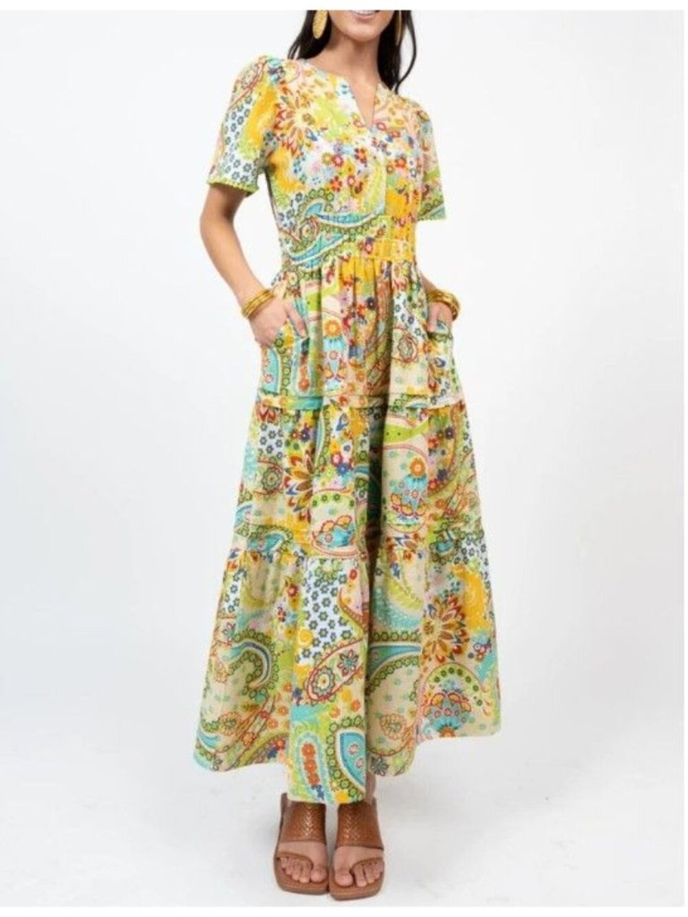 Uncle Frank Paisley & Floral V-Neck Tiered Maxi Dress Colorful Size Medium